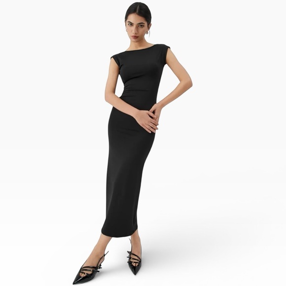 COMMENSE BLACK BACKLESS MIDI DRESS SLEEK BODYCON MINIMALIST SIZE SMALL **NWT** - Picture 3 of 11